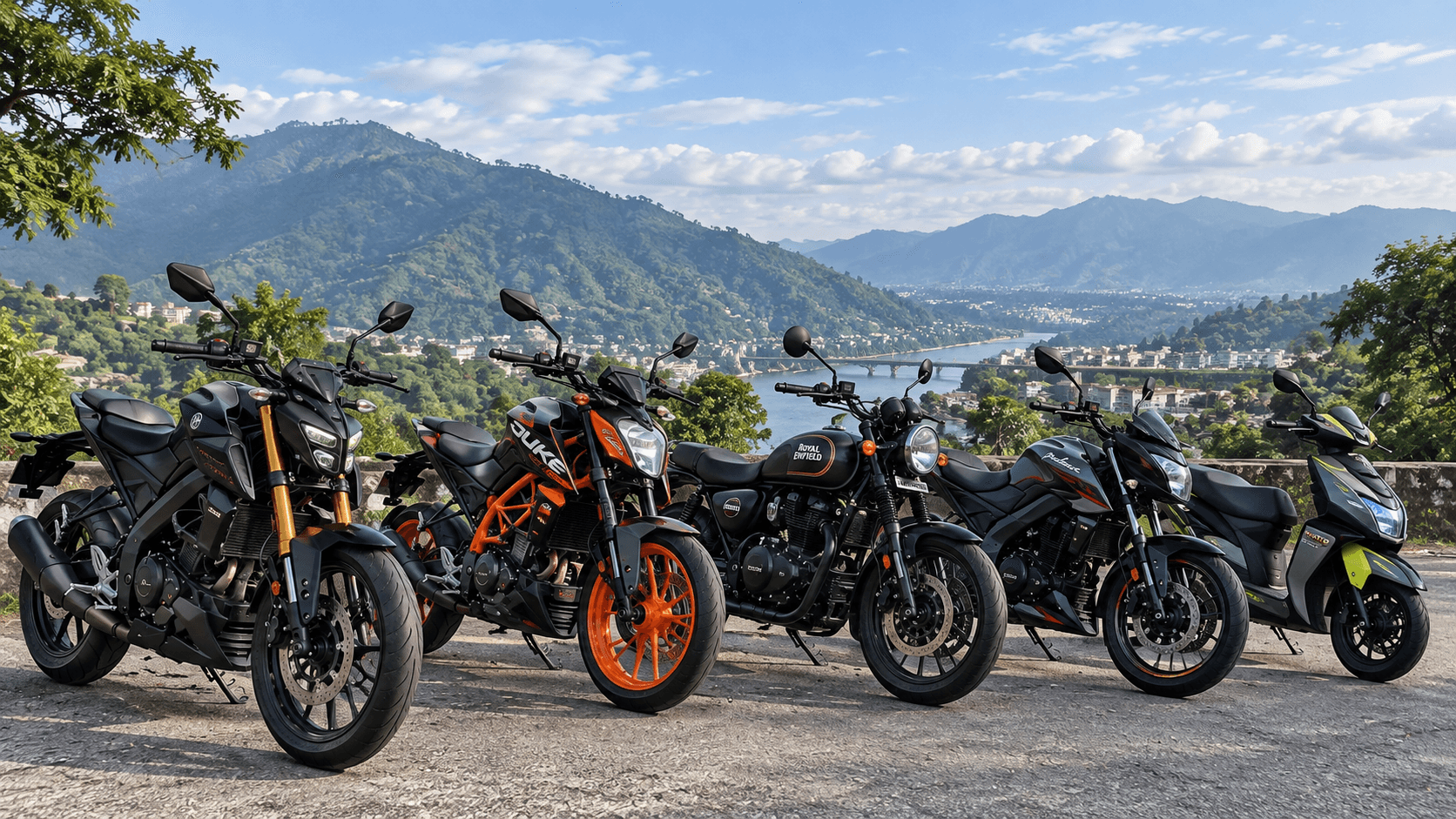 Pre-owned motorbikes lined up with mountains in Tezpur, Assam